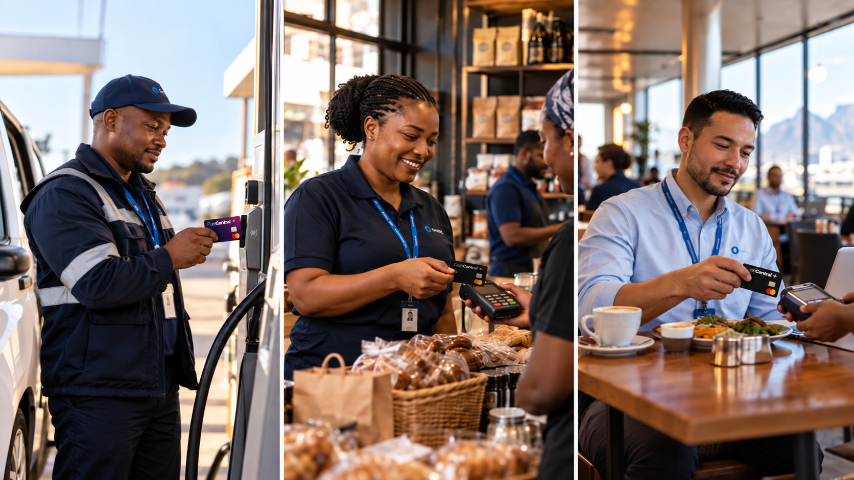 Employees making digital business payments for fuel, supplies and meals across locations