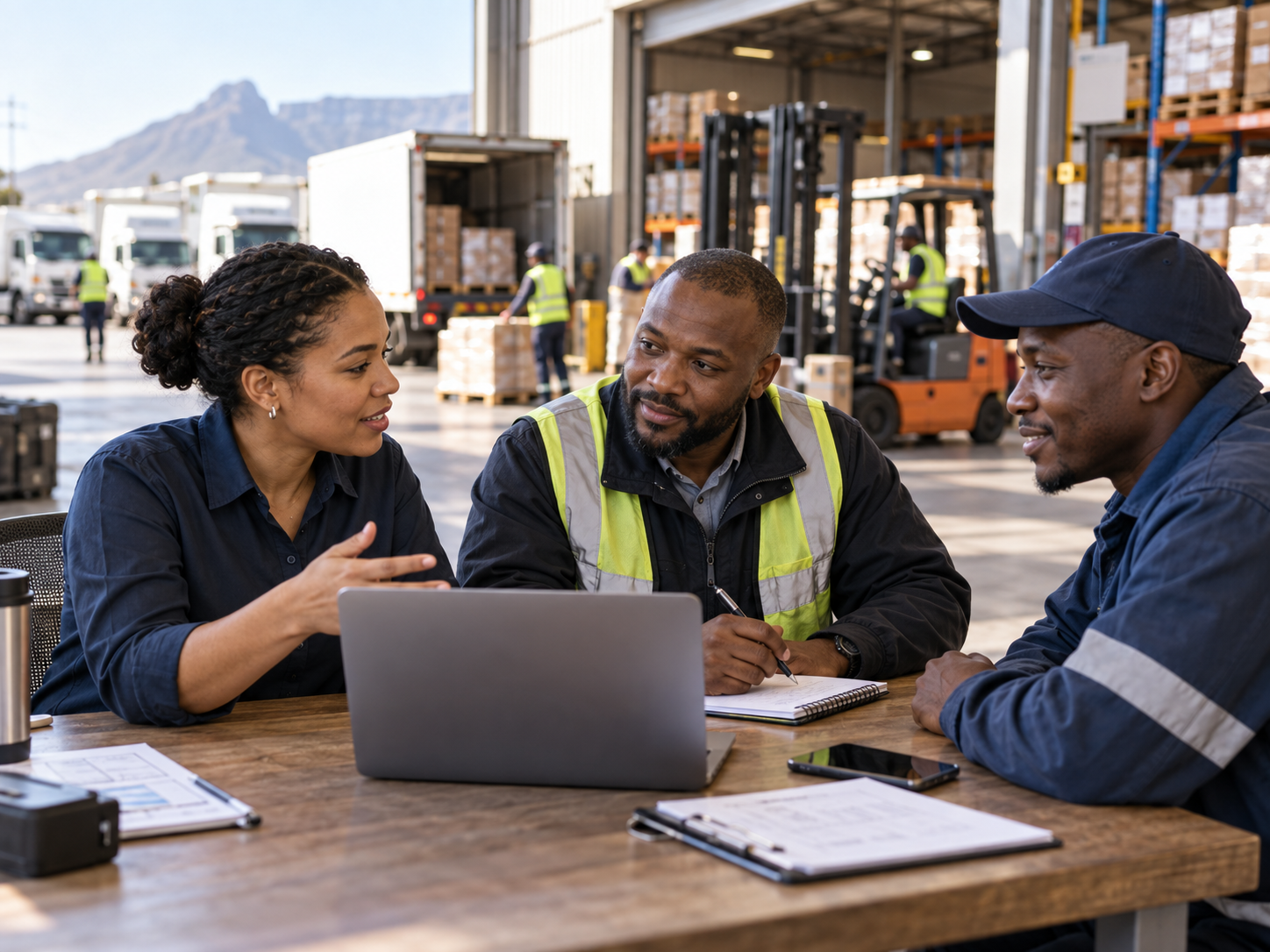 Logistics team reviewing multi-site business payments together at a South African depot 